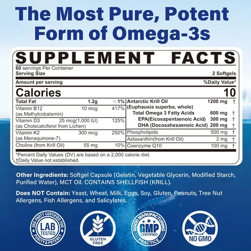 Miniatura 2 de Paquete de 2 cápsulas blandas de aceite de krill antártico Omega 3 de 1200 mg (fabricado en Estados Unidos) con fosfolípidos, colina y astaxantina