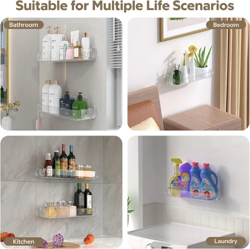 Miniatura 5 de Paquete de 2 organizadores acrílicos para ducha, sin perforaciones, con 4 ganchos extraíbles, estantes de ducha montados en la pared, soporte