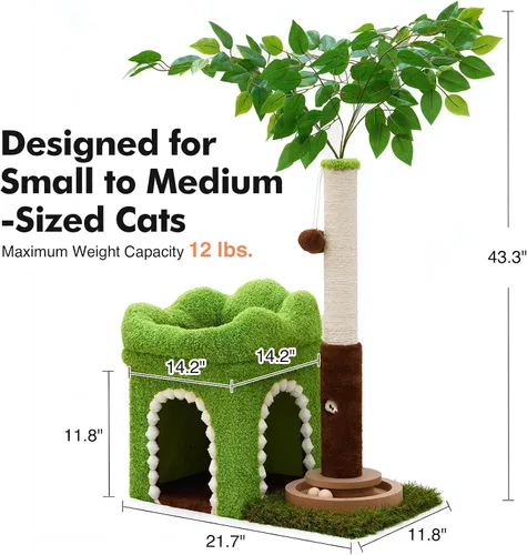 Miniatura 8 de Woochpet Árbol pequeño para gatos con poste rascador y pista de bolas, torre verde para gatos con hojas realistas para gatitos y gatos pequeños