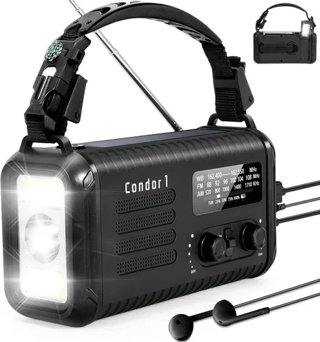 Miniatura 7 de Radio meteorológica de emergencia (Condor 1) NOAA/AM/FM con radio portátil de 74000 mWh, carga USB-C/solar/manivela, alarma SOS, linterna, lámpara