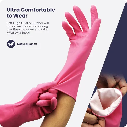 Miniatura 3 de Guantes para lavar platos, guantes de goma, guantes de cocina amarillos, guantes largos para protección de manos y trabajo Rosado