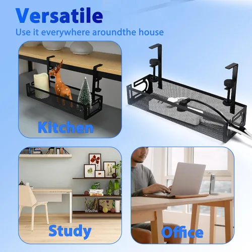 Miniatura 6 de Bandeja de Gestión de Cables para Debajo del Escritorio Pequeña – Organizador de Cables con Soporte de Abrazadera y Gestión de Cables para Debajo