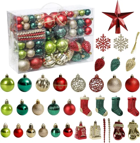 ROSELEAF Juego de 132 piezas de decoración para árbol de Navidad, adornos colgantes inastillables en rojo, verde y dorado, estilo de arte popular,