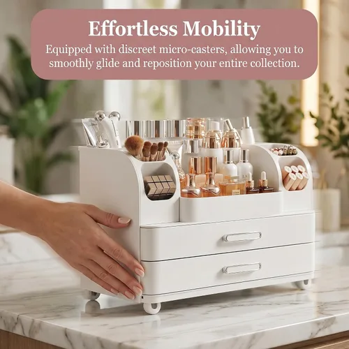 Miniatura 6 de Organizador de maquillaje con 2 cajones, vitrina de cosméticos, soporte de almacenamiento para tocador, mostrador de baño, escritorio, suministros