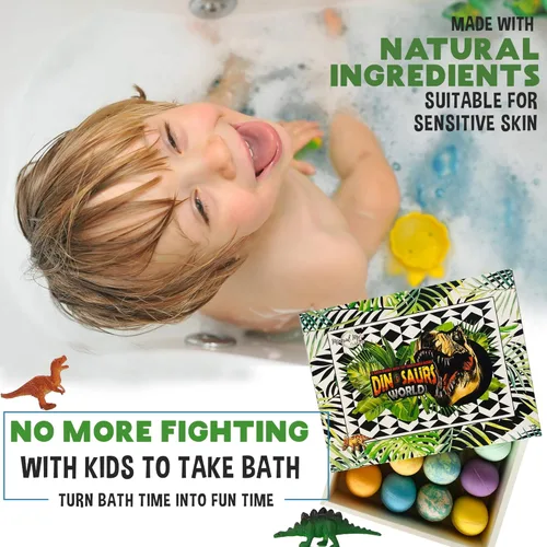 Miniatura 6 de Bombas de baño para niños con sorpresa en el interior, 12 bombas de baño de dinosaurios con juguetes, rociadores de baño de burbujas orgánicas Huevo