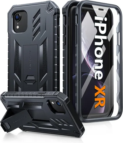 FNTCASE Funda para iPhone XR: [Protector de pantalla y soporte integrados] [Protección contra caídas de grado militar] Funda de teléfono resistente