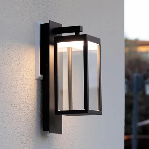 Lámpara de pared para exteriores, lámpara de pared para exteriores del atardecer al amanecer, aplique de pared LED negro con vidrio templado y