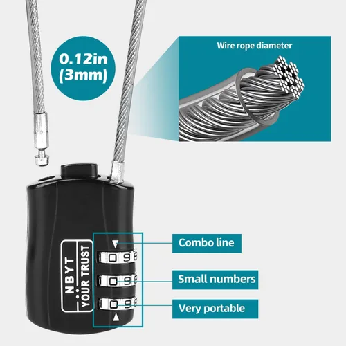 Miniatura 3 de Cerradura de cable de cuerda de alambre con código reiniciable, aleación de zinc, mini cerradura combinada para casco, equipaje, esquí, snowboard