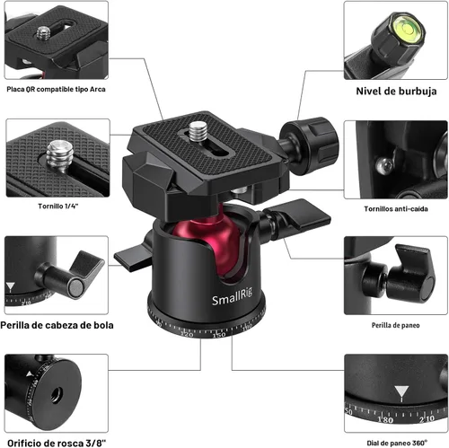 Miniatura 4 de SmallRig Mini Cabeza de Bola, Cabeza de Trípode para Cámara Panorámica 360° con Tornillo de 1/4" y Montaje de Rosca de 3/8" y Placa de Liberación