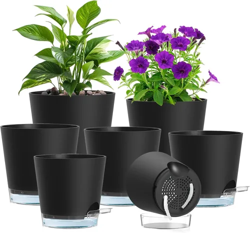 Miniatura 14 de Meowell Macetas de riego automático de 5 pulgadas para plantas de interior, paquete de 5 macetas pequeñas con agujeros de drenaje y depósito