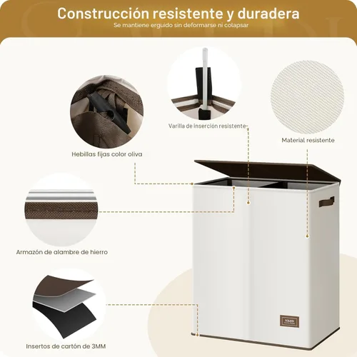 Miniatura 6 de SOLEDI Cesta de lavandería de lujo doble con tapa y bolsas removibles, cesta grande para lavandería, cesta de lavandería de 2 secciones, cesta