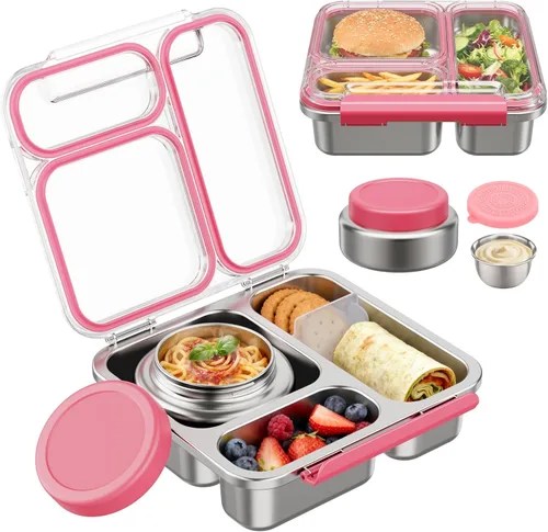 Miniatura 9 de Pawtong Caja Bento de Acero Inoxidable para Niños y Adultos con Frasco de Comida Aislado de 7 oz, Caja de Almuerzo de Metal con Tapa Transparente