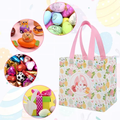 Miniatura 6 de Paquete de 12 bolsas de caza de huevos de Pascua de 8 x 8 x 6 pulgadas, 6 diseños únicos, diseño colorido de huevos de conejito de primavera, bolsas