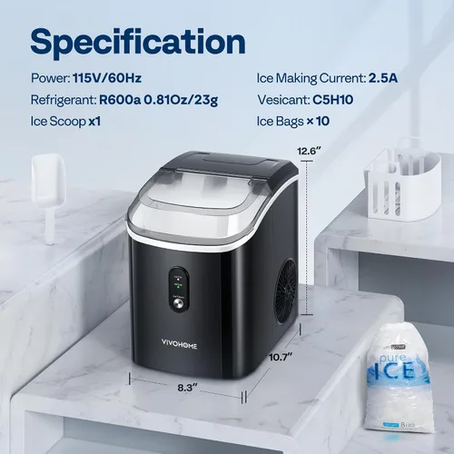 Miniatura 7 de VIVOHOME - Máquina de hielo de sobremesa 33 libras/día, máquina de hacer cubitos de hielo masticable tipo pepita con 10 bolsas de hielo