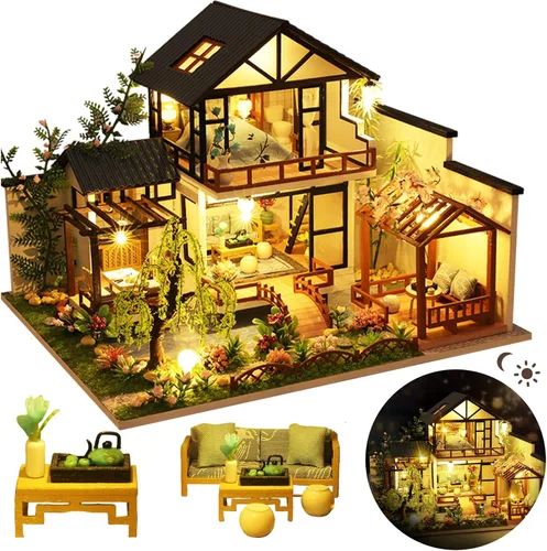 Kit de casa en miniatura para bricolaje, kit de casa de muñecas para adultos para construir, kit de mini casa con LED, kits de diorama de