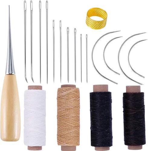 Qtopun - Juego de 20 agujas de reparación de cuero para manualidades, 7 tipos de agujas de coser para el hogar, agujas curvadas, perforación,
