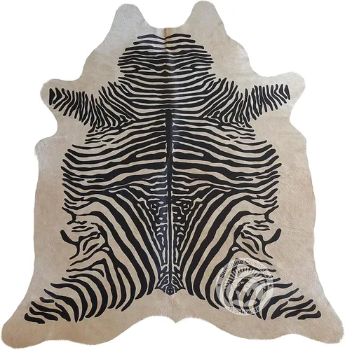 Alfombra de piel de vaca auténtica con estampado de cebra negra sobre beige de 6 x 7 pies 70.9 x 82.7 in