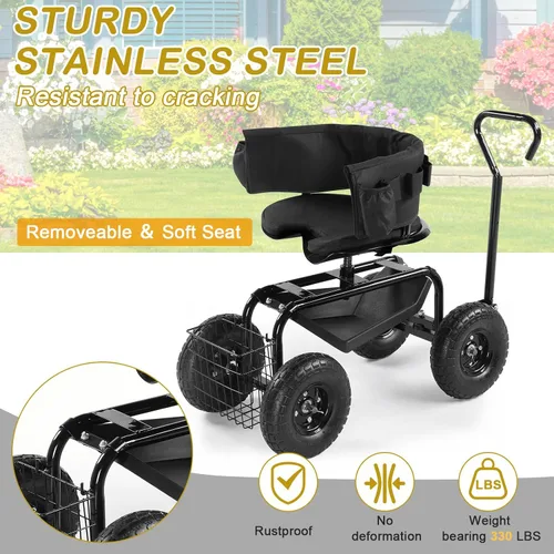 Miniatura 5 de Outvita - Asiento de jardín con ruedas, taburete de jardinería con asiento giratorio ajustable en altura de 360 grados, respaldo ergonómico, bandeja