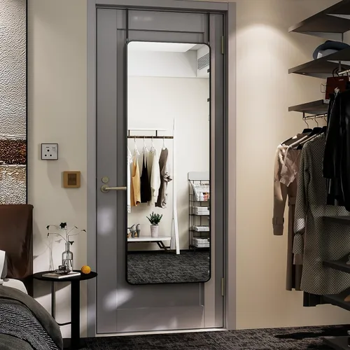 Miniatura 11 de BEAUTYPEAK Espejo de Puerta Ajustable en Altura de 16" x 50", Espejo Colgante de Cuerpo Entero Sobre la Puerta con Vidrio Templado Irrompible