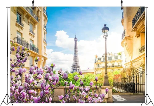 Miniatura 4 de BELECO Telón de fondo romántico de la Torre Eiffel de París, de 5 x 3 pies, diseño romántico de París, flores florecientes de primavera, cielo azul