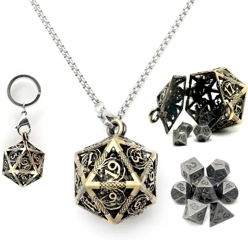 Miniatura 12 de Haxtec Mini Juego de Dados de Metal DND con Estuche de Cuello Hueco Juego de Dados de Metal Pequeños Antiguos Juego de Llaveros D&D Portátil Juego