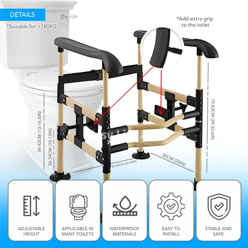 Miniatura 4 de Rieles de seguridad portátiles para inodoro de diseño de madera para personas mayores, altura y ancho ajustables, hasta 396.8 lbs, marco