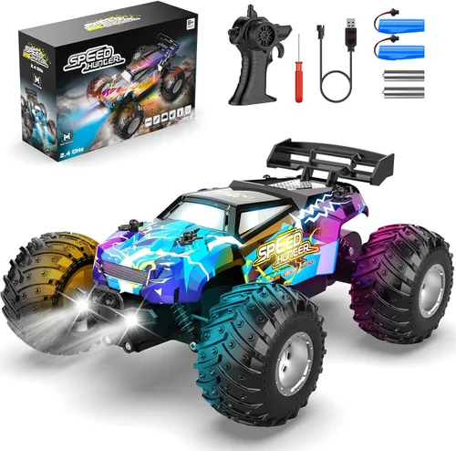 Coche de control remoto, camión de control remoto todo terreno para niño, automóvil RC de 2.4 GHz con luz corporal y dos baterías recargables,