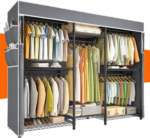 Miniatura 9 de Raybee Perchero de ropa con cubierta, perchereros para colgar ropa resistente, armario portátil con estantes, ajustable, carga de 905 LBS, negro