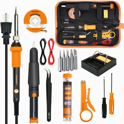 Kit de soldadura TOWOT, soldador electrónico de 60 W con temperatura ajustable, bomba desoldadora, alambre de estaño, mecha de soldadura, pinzas,