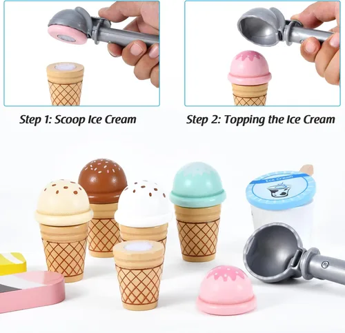 Miniatura 5 de WHOHOLL Juguetes de helado de madera para niños, juguete de simulación para niños pequeños, accesorios de cocina con cuchara, menú, juego de helado