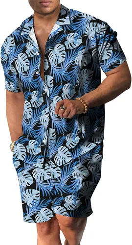 Miniatura 19 de RPOVIG Conjunto de playa a juego con camisas y pantalones cortos para hombre, ropa floral hawaiana para festival, conjuntos de 2 piezas con sombrero