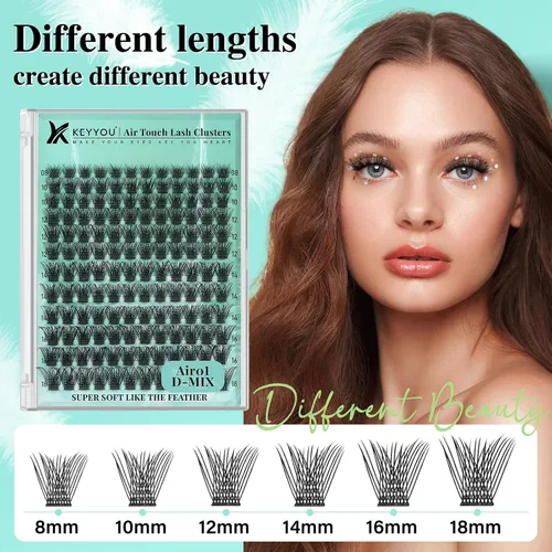 Miniatura 3 de Kit de extensión de pestañas KEYYOU 144 piezas con aplicador de pegamento y sello, racimos de pestañas Air Touch con removedor, rizo D, kit