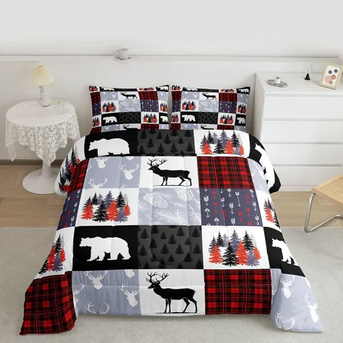 Miniatura 2 de Juego de Funda de Edredón para Adolescentes con Motivo de Caza de Alces y Venados, Juego de Ropa de Cama Navideño con Árboles y Enredaderas de Osos