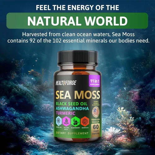 Miniatura 6 de Cápsulas de musgo marino irlandés Organic Seamoss 3000 mg Cápsulas de aceite de semilla negra 2000 mg Ashwagandha Suplementos 1000 mg de cúrcuma