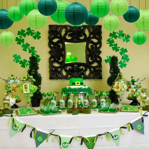Miniatura 6 de Faroles decorativos de papel verde, 12 faroles de papel colgantes para aula, baby shower, día de San Patricio, graduación, boda, temática de selva