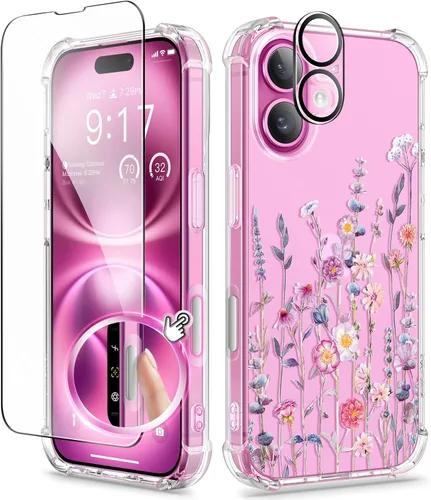 Miniatura 30 de GVIEWIN - Funda floral para iPhone 14 de 6.1 pulgadas, protector de pantalla + protector de lente de cámara, no se amarillenta, a prueba de golpes