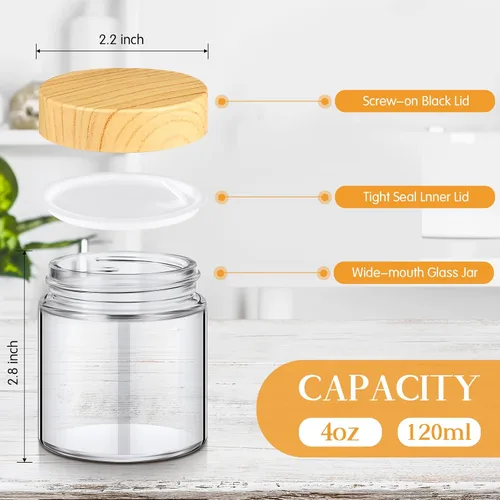 Miniatura 2 de Norme 120 tarros de vidrio de 4 onzas con tapas, recipientes de vidrio vacíos con tapas de grano de madera y revestimientos interiores