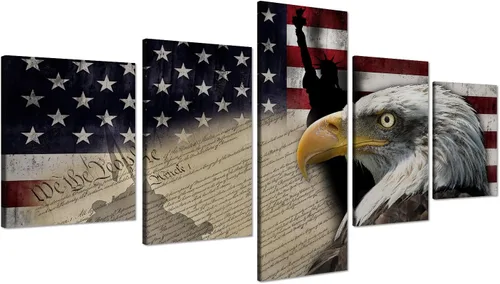Miniatura 14 de Arte de pared de concepto patriótico, pintura de bandera estadounidense y británica, lienzo de estrellas y rayas, 5 paneles, arte moderno americano
