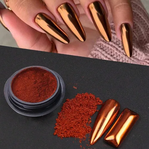 Miniatura 6 de Kit de polvo de uñas cromado dorado de 3 frascos, arte de uñas con efecto espejo metálico para esmalte de gel, juego de cobre dorado (cobre)