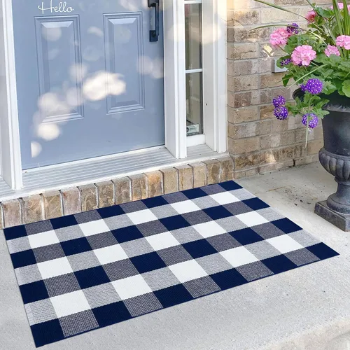 KILOCOCO Alfombra, cuadros escoceses, 27.5 x 43 pulgadas, puerta delantera, azul y blanco, algodón, lavable, para porche, patio, casa de campo,