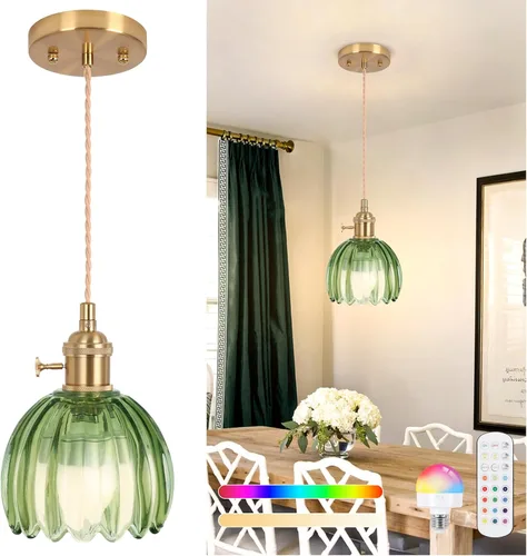 Miniatura 38 de Luces Colgantes para Isla de Cocina, Luz Colgante de Cristal Verde Accesorios de Iluminación Vintage, 9.4 pulgadas E26 Acabado Lámpara Colgante