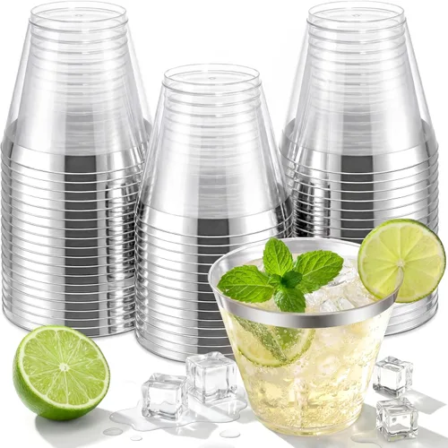 Miniatura 12 de Nervure 120 vasos de plástico con purpurina dorada, vasos de plástico resistentes de 9 onzas, vasos desechables dorados para bodas, Acción