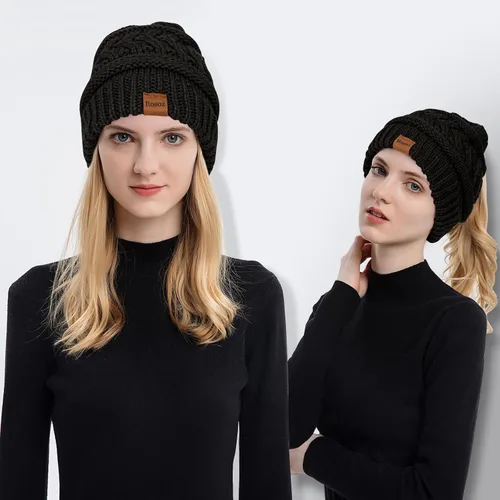 Miniatura 2 de Rosoz 1&2 Packs Ponytail Beanie for Women,Winter Warm Beanie Tail Soft Stretch Cable Knit Messy High Bun Hat