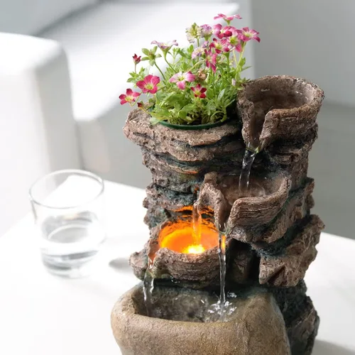Miniatura 5 de Haobos Fuente interior de 4 tazones Rockery con sonido calmante para decoración de hogar y oficina con una pequeña maceta de plástico para cultivar