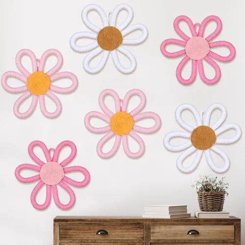 Miniatura 8 de Zeyune 6 piezas de decoración de pared de margaritas bohemias tejidas en macramé, frontones de pared bohemios, margaritas florales, decoración