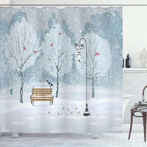 Miniatura 32 de Cortina de ducha de poliéster con estampado con diseño de escena de arte moderno: bosque místico gris con pasto rojo, flores, lluvia, neblina, Verde