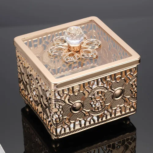 Miniatura 8 de Hipiwe Caja de Joyería de Metal Tallada con Tapa de Vidrio, Organizador Cuadrado de Baratijas con Espejo Dorado, Cofre del Tesoro para Anillos