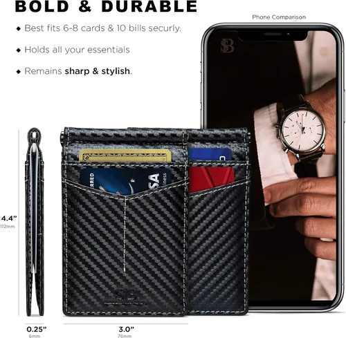 Miniatura 21 de Serman Brand RFID billetera de bloqueo Slim Bifold – cuero genuino minimalista bolsillo frontal carteras para hombres con clip para dinero, cartera