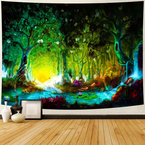 Delur Tapiz de bosque de fantasía, río místico, encantado, de cuento de hadas, tapiz de árbol mágico de cuento de hadas, paisaje de amanecer, puesta