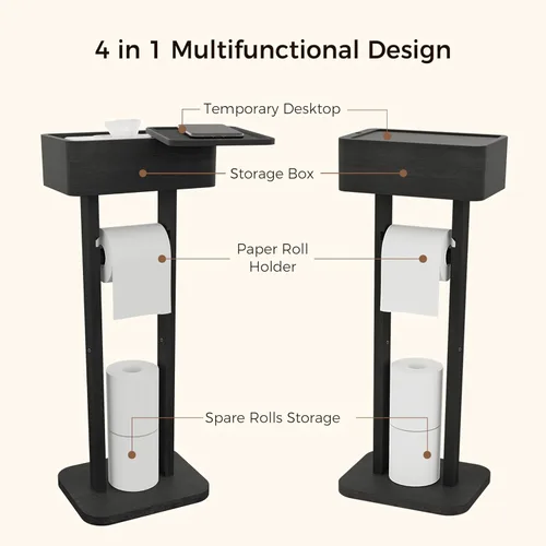 Miniatura 2 de Wealone Soporte de papel higiénico 4 en 1 negro con estante de almacenamiento, caja, rotación de 360°, bambú, papel higiénico de pie, dispensador